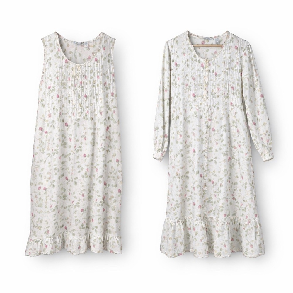 La Cera Cotton Floral Nightgown Robe Set Med White Cottagecore Prairie Pintuck